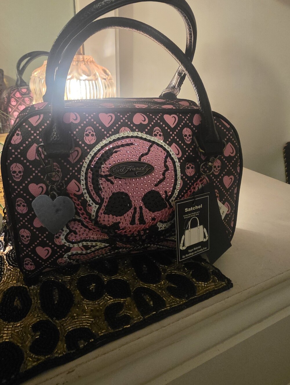 ED HARDY SM Pink Skull & Crossbones Satchel Handbag - Picture 11 of 11